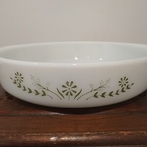 Vintage Glassbake Olive Green Daisy Design Bakeware Dish